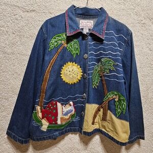 Tantrums Denim Jacket Tropical Island Applique Jean Jacket Funky‎ Christmas XLP